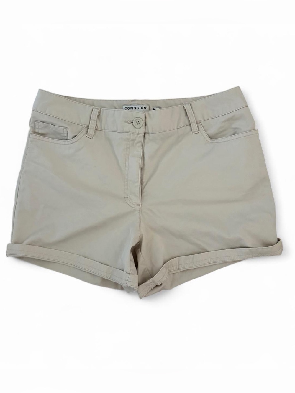 Covington Women's Neutral Khaki High-Waist Roll-Hem summer stretchy Shorts sz 12
